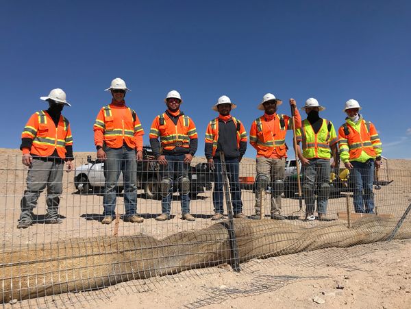 Group of construction workers posing on a sunny site with safety gear.