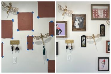 Collage of the before and after of a gallery wall.