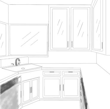Rough sketch of corner kitchen concept.