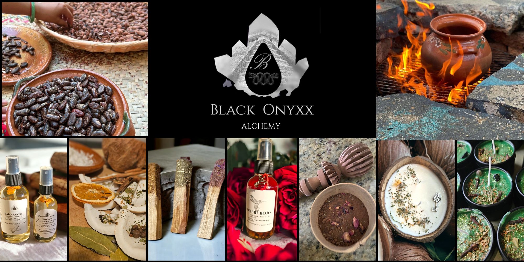 Black Onyxx Alchemy products featuring herbs, candles, and ritual tools with a rustic, natural aesthetic.