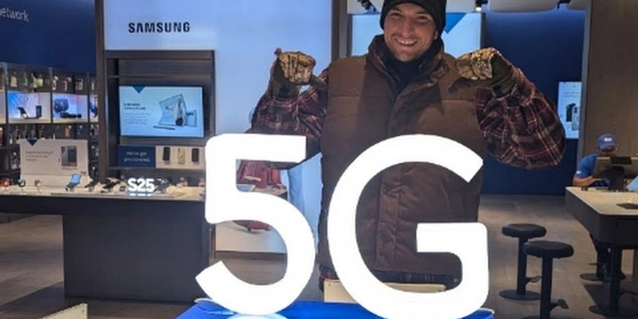 Man posing with illuminated 5G sign in Samsung store.