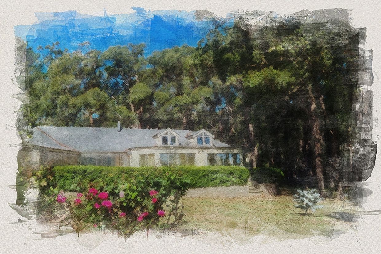 Painting of artist's home and garden