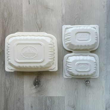 White takeout containers with custom embossed lid designs