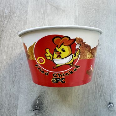 Paper food bucket with colorful custom printed graphics
