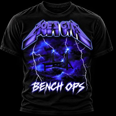 Bench press design with lightning and bold text on black shirt.
