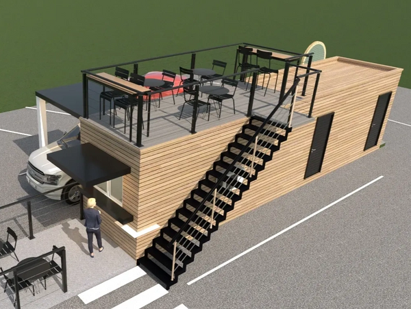 Industry Coffee drive thru rendering, roof top seating view