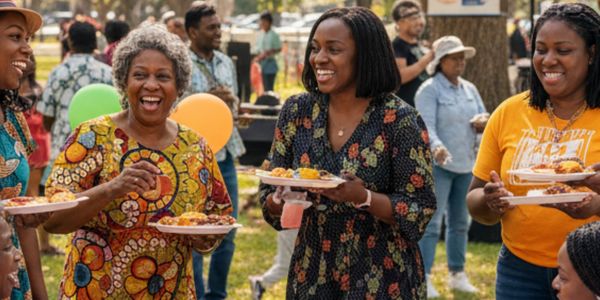 People enjoying food and laughter at a sunny outdoor Unity Fest gathering.