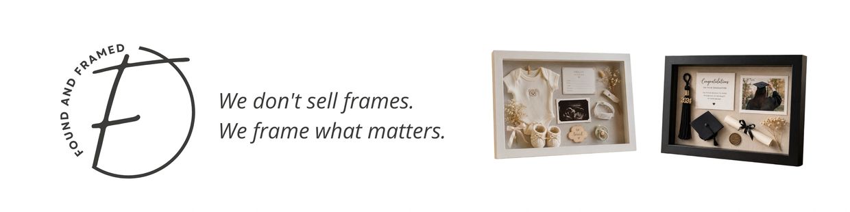 Logo and framed memory shadow boxes showcasing life's milestones.