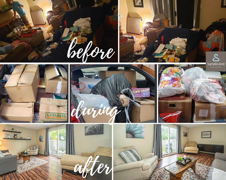Collage of photos showing before, during and after a decluttering process.