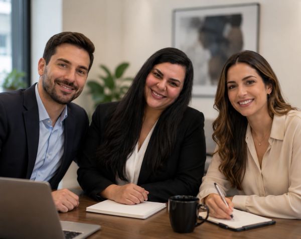 Three professionals smiling at a meeting table with notebooks and a laptop.