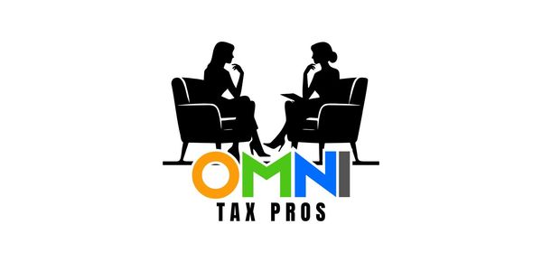 Logo showing two women in chairs discussing, with colorful text 'OMNI TAX PROS'.