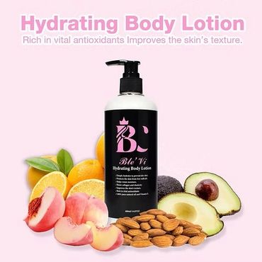 Hydrating body lotion with natural ingredients like avocado, almonds, and peach for glowing skin.