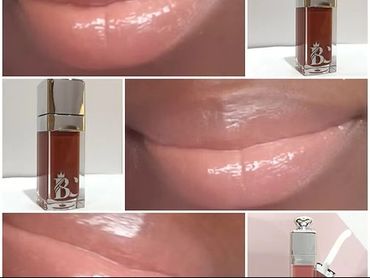 Glossy lip balm and liquid lipstick in elegant bottles with close-up of shiny lips.