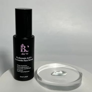 Black bottle of Blé Vi Hyaluronic Acid + Ceramide Face Serum with a clear gel drop.