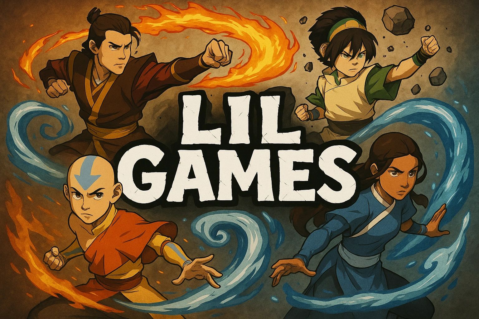 Four animated characters controlling fire, water, and earth around the text 'LIL GAMES'.