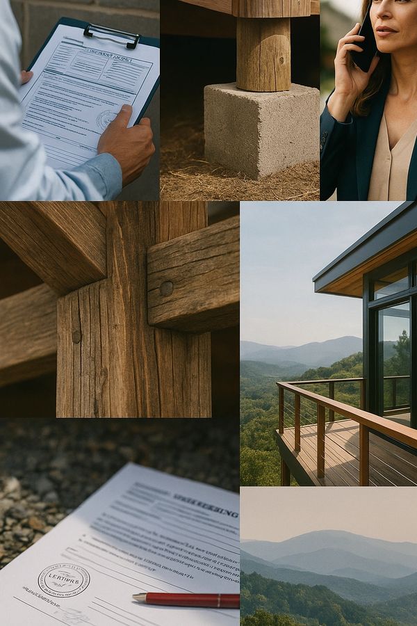Collage showing home inspection, wooden construction details, scenic mountain views, and contract signing.