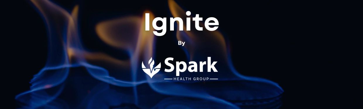 Ignite by Spark Health Group with a blue and orange flame background.