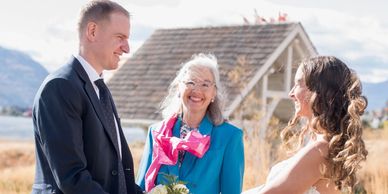 Celebrant Alison Moore with wedding couple at The Sanctuary in West Kelowna 