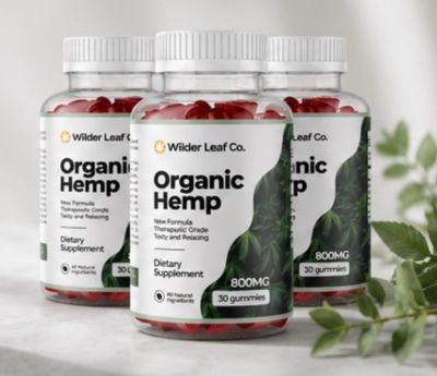 Three bottles of Wilder Leaf Co. Organic Hemp dietary supplements with 30 gummies each.
