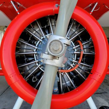 Close-up of an aircraft propeller and radial engine with a red cowling.