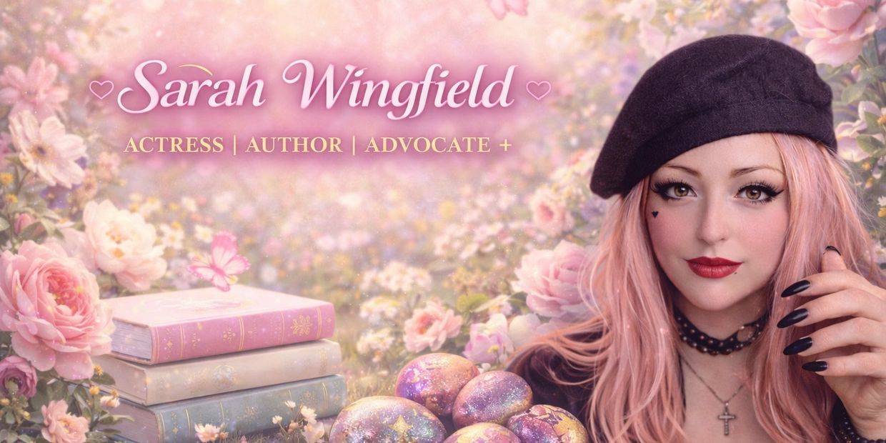 Soft pastel floral banner in pink and cream with butterflies and bokeh light. Text reads “Sarah Wing