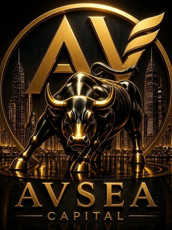 Golden bull logo with AVSEA Capital text against city skyline.