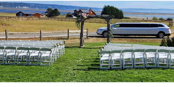2019 White Lincoln Stretched Limousine at wedding on Whidbey Island at Crockett Farm LLC, 1056 S Cro