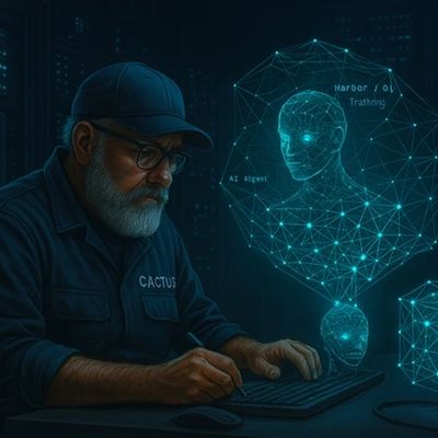 Man in tech gear working with AI holograms in a dark room.