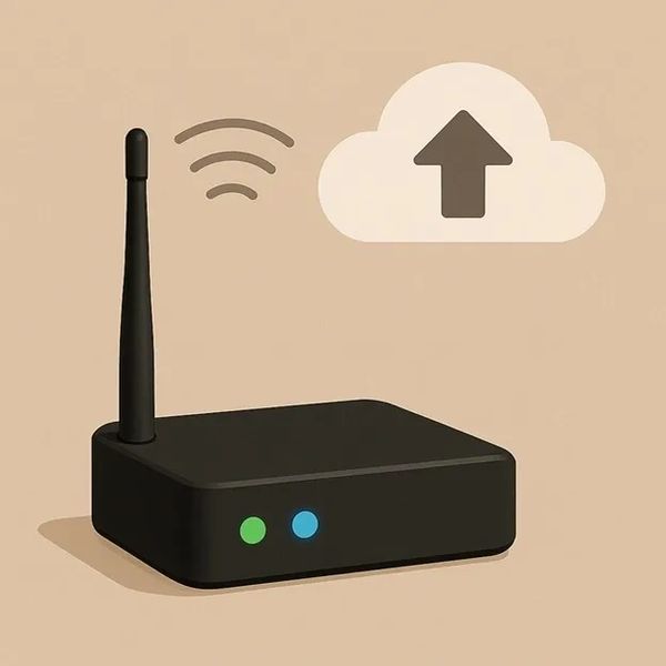Black wireless router with upload cloud icon on beige background.