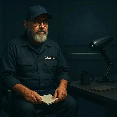 Man in dark uniform with 'CACTUS' patch sitting in a dimly lit room holding a notebook.