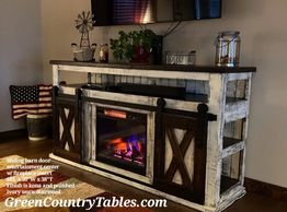 Sliding or hinged barn door cabinet with fireplace insert.