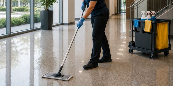 Person cleaning a shiny floor with a mop indoors.