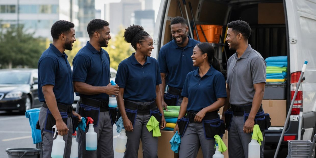 Cleaning crew stands chatting with supplies by a van.