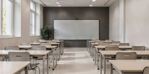 Empty classroom with desks and whiteboard.
