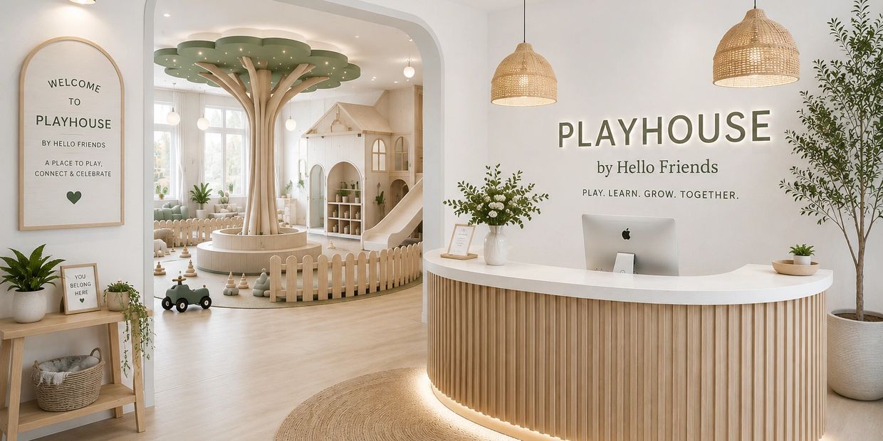 Bright, modern playhouse reception with natural wood and plant decor.