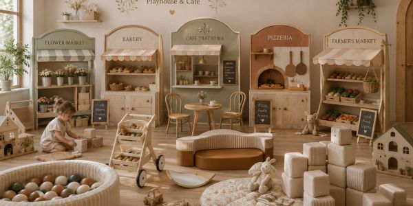 A cozy children's playhouse and cafe with market stalls and toys.