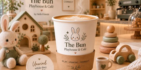 Cozy café scene with bunny-themed decor and latte art.