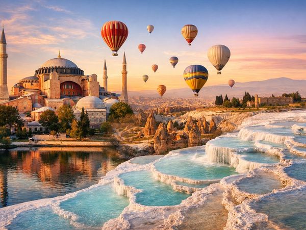 イスタンブール、カッパドキア、パムッカレを象徴する風景を一枚で表現した画像です。日本語ガイド付きのトルコ ツアー、カッパドキア ツアー、イスタンブール ツアーに対応する7日間のトルコ周遊ツアーのイメージです。