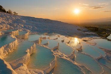 パムッカレを代表する白い石灰棚と温泉の絶景を表現した画像です。日本語ガイド付きのトルコ ツアー、7日間のトルコ周遊ツアーで訪れる人気観光スポットのイメージです。