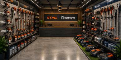 Store interior with STIHL and Husqvarna outdoor tools.