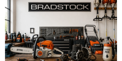 Workshop scene with tools and equipment under a BRADSTOCK sign.