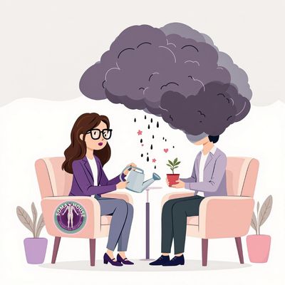 Therapist nurtures a client with a stormy mind represented by a cloud raining on a plant.