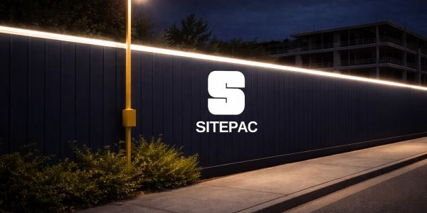 Illuminated fence and sidewalk at night with SITEPAC logo.