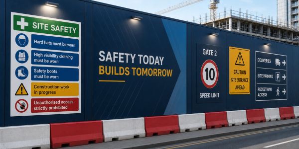 Construction site safety signs and regulations on a fence.