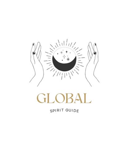 Global Spirit Guide Logo of two hands palm facing in between a moon and stars circle of light