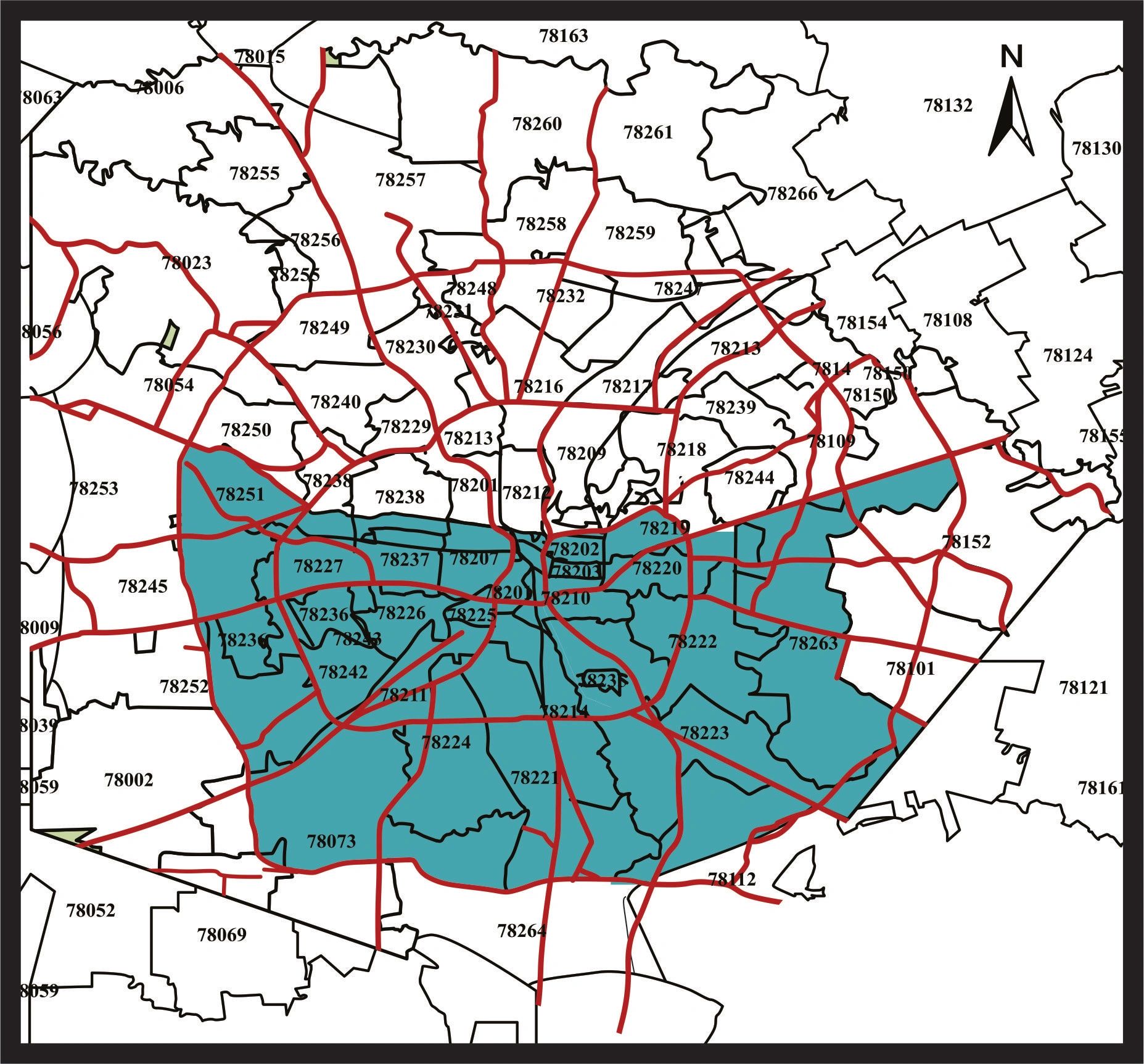 Map of the San Antonio Area displaying zip codes