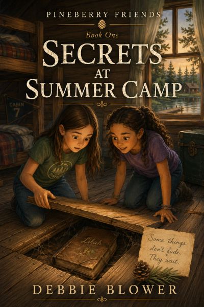 Children at summer camp with cabins and trees, exploring outdoors in a fun and slightly mysterious