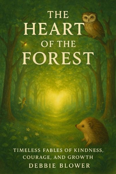 Book cover titled 'The Heart of the Forest' with forest animals and glowing light.