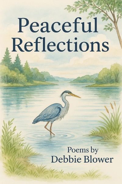 Book cover with a heron by a calm lake titled Peaceful Reflections.