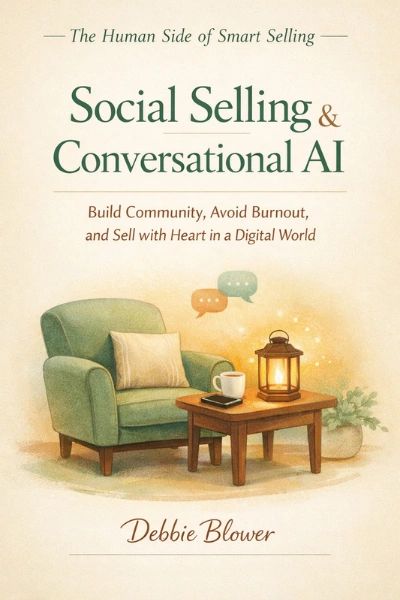 Book cover of 'Social Selling & Conversational AI' by Debbie Blower with cozy armchair and table.